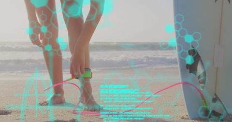 Caucasian Woman Analyzing Fitness Data on Sunny Beach