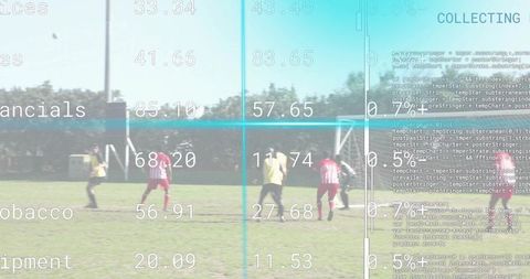 Men competing in outdoor soccer match with augmented data overlay for sports analytics