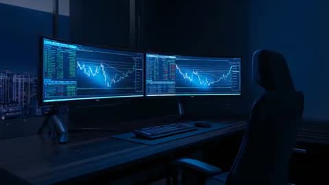 Night Trading Room with Dual Monitors Showcasing Stock Data Analytics
