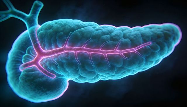 Fluorescent pancreas showing illuminated pancreatic duct and branches, medical illustration