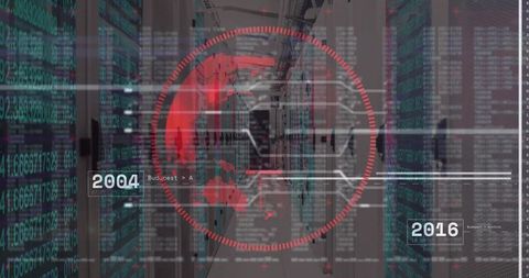 Futuristic Data Center Interface with World Map and Timeline