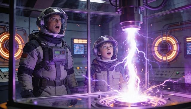 Astronaut and child discovering purple plasma beam in high-tech space lab