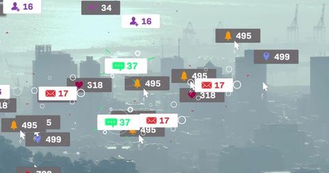 Hovering social notifications over urban harbor skyline showing alerts, messages, likes