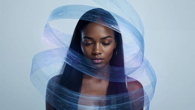 Gazing downward woman wearing top wrapped in spiraling ribbons with code overlay