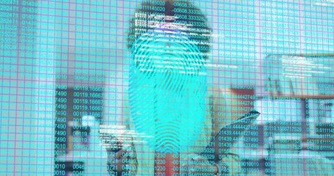 Holographic fingerprint overlay on office lobby glass with digital code grid security