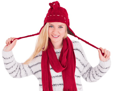 Cheerful Woman in Red Hat on White Background Construct