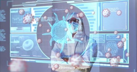 Doctor Analyzing COVID-19 Data with Digital Interface and Microorganisms