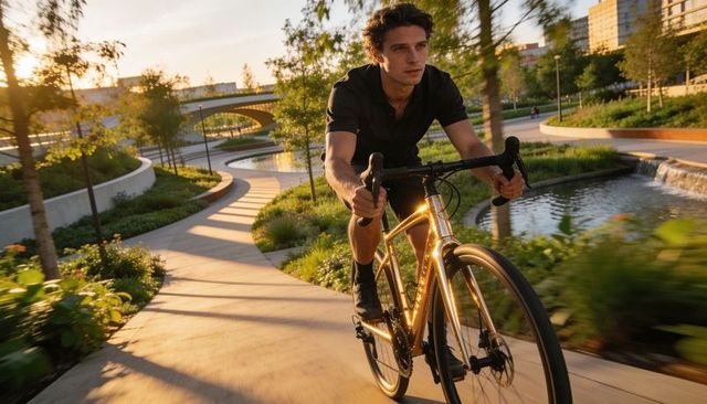 Young male cyclist riding road bike through sunlit urban park along waterfront path