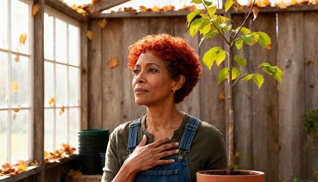 Senior woman nurturing young potted tree in autumn greenhouse, reflective gardener moment