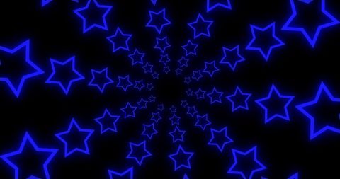 Blue Neon Stars in Abstract Pattern on Black Background