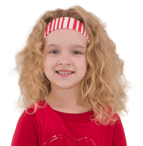Smiling caucasian girl with curly hair on transparent background