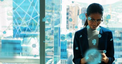 Modern Businesswoman Using Smartphone with Media Concept Icons