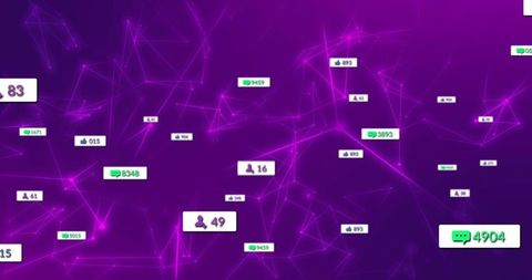 Pulsing social media engagement network with neon badges, data labels and analytics visualization