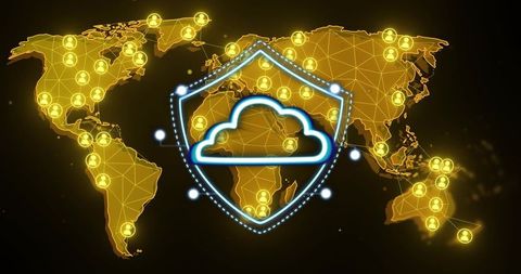 Protecting neon cloud shield hovering over golden world map with connected user nodes