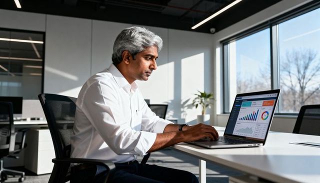 Midlife indian man working on laptop analyzing business charts in bright modern office