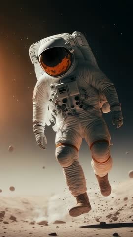 Astronaut Walking Rocky Planet Surface in EVA Suit Exploring Dusty Terrain Vertical