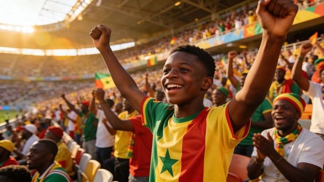 Teen fan celebrating in senegal colors cheering with raised arms, waving flags in stadium
