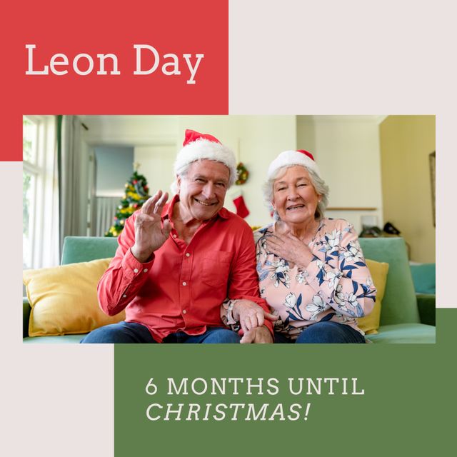Composite of leon day and 6 months until christmas text and portrait of caucasian couple at home. happy, togetherness, mini christmas, celebration, tradition and home concept.