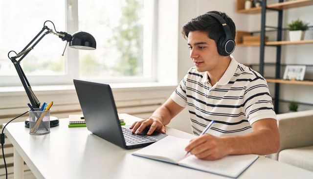 Young man studying with laptop and headphones at bright home desk taking notes remotely