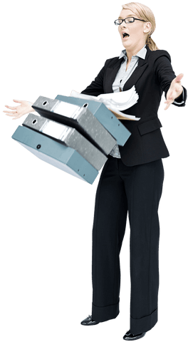 Shocked businesswoman dropping folders on transparent background