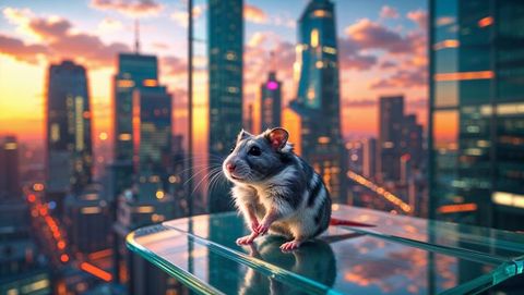 Stylish hamster watch cityscape at dusk on glass balcony