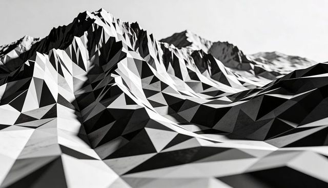 Monochrome low-poly mountain range sculpting faceted triangular abstract landscape