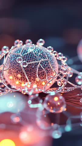 Slow panning vertical macro showing luminous mesh sphere with droplets, reflective bokeh