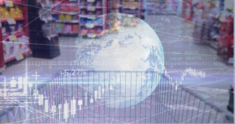 Global Market Trends Superimposed on Grocery Store Shopping