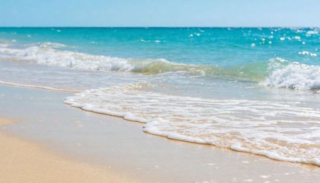 Relaxing turquoise waves lapping sunlit sandy shoreline with foamy surf and gentle horizon