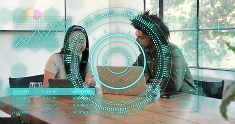 Collaborating on data analytics dashboards with augmented hud overlay in modern office meeting