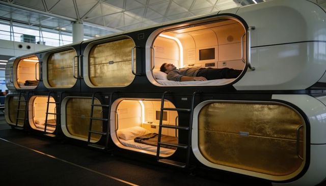 Modern airport capsule pod for traveler resting during layover in minimalist terminal