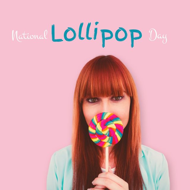 Portrait of young caucasian woman with candy, national lollipop day text on pink background. copy space, digital composite, sweet food and celebration concept, lollipop, childhood.