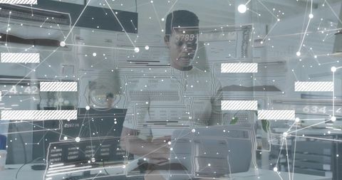 Business team analyzing augmented reality data network overlay for collaboration