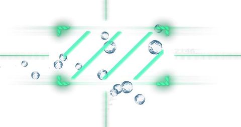 Floating turquoise diagonal bars with glass spheres and glowing neon brackets on white