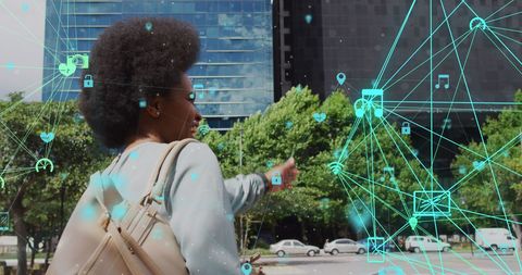 Digital Connectivity Overlays with Woman Using Smartphone Outdoors