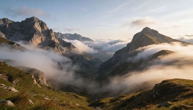 Sunlight Bathing Mist-Filled Alpine Valley with Rugged Peaks and Green Meadow Ridge