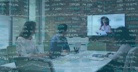 Financial Data Overlay on Business Meeting Innovating Strategy - Download Free Stock Images Pikwizard.com