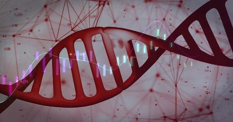 Red 3D DNA Helix Interacting with Data Streams and Candlestick Charts for Genomics Analytics
