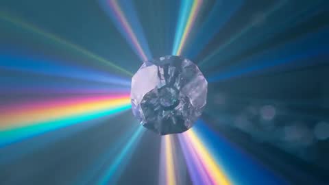Rotating Gemstone with Rainbow Reflections on Dark Background