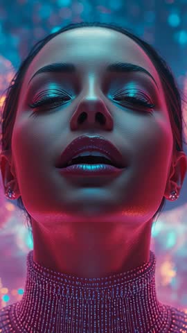 Vertical video: Model tilting into neon glow with glossy lips and beaded top