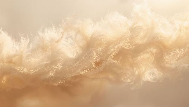 Pale beige fluffy fibers macro with glowing filaments soft abstract texture background