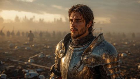 Bearded medieval knight in ornate armor on chaotic battlefield at dawn