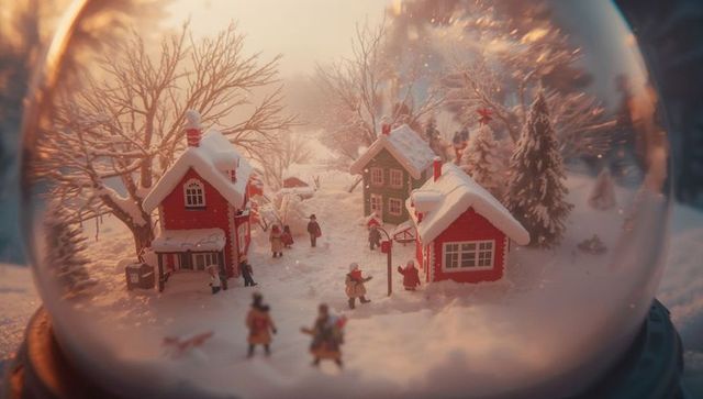 Miniature snowy village inside glass sphere evoking festive winter charm