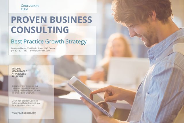 Professional business consultant using a digital tablet efficiently reflects trust and versatility in consulting. Ideal for websites, business development brochures, client pitch decks, and articles on best practices in business consulting.