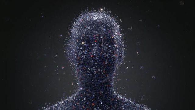 Futuristic Digital Humanoid Bust Composed of Glyphs, Nodes and Floating Particles