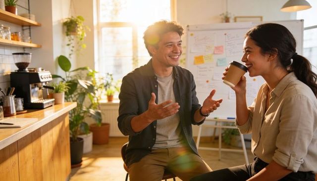 Startup coworkers sharing ideas over coffee in sunlit office kitchen