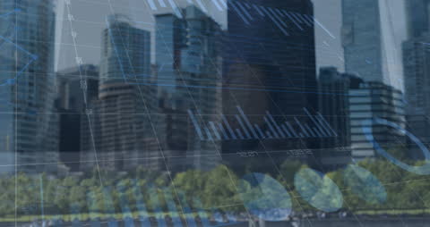 Digital Financial Graphs Overlaying City Skyline