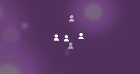 Forming leadership hierarchy with five user icons on purple gradient bokeh background