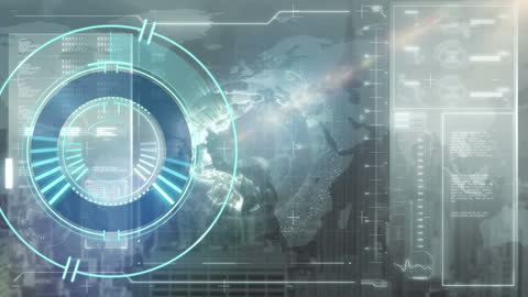 Futuristic Digital Interface with Globe and Cityscape