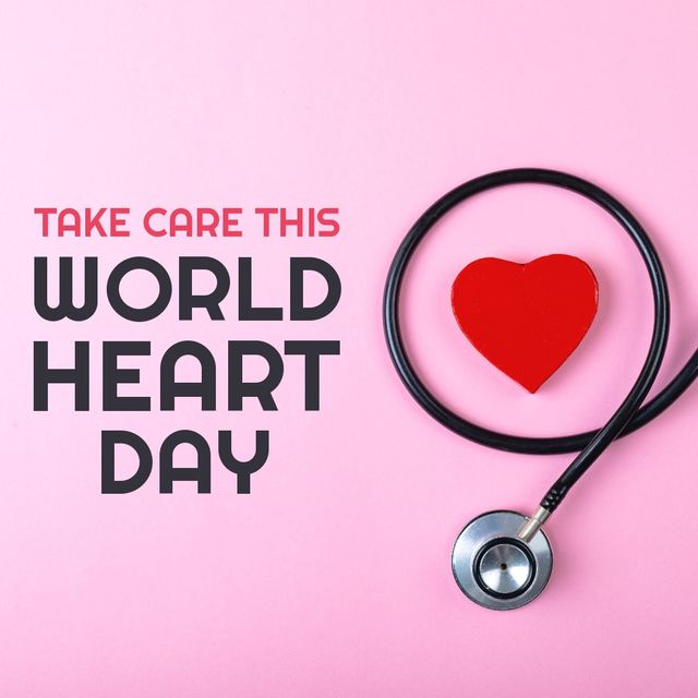 World heart day text banner with red heart and stethoscope against pink background. World heart day awareness concept